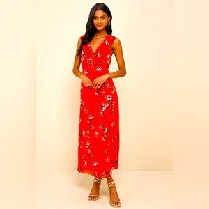 Loved By You Red Orange Floral Print Pleated Chiffon Maxi Dress
